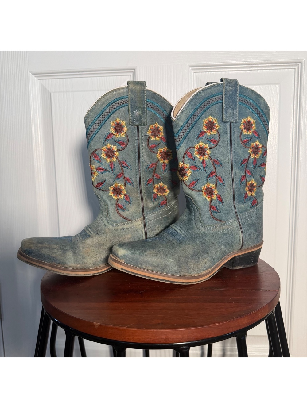 Youth Girls Western Cowboy Boots Blue Sunflower Floral Embroidered Cowgirl Rodeo